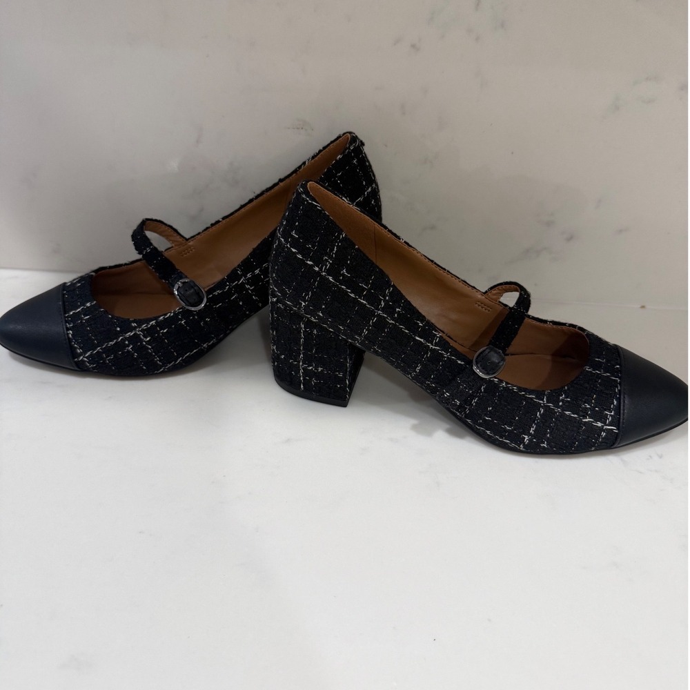 Nordstrom Rack Tweed Mary Jane Block Heel Pumps Black White Cap Toe 6.5